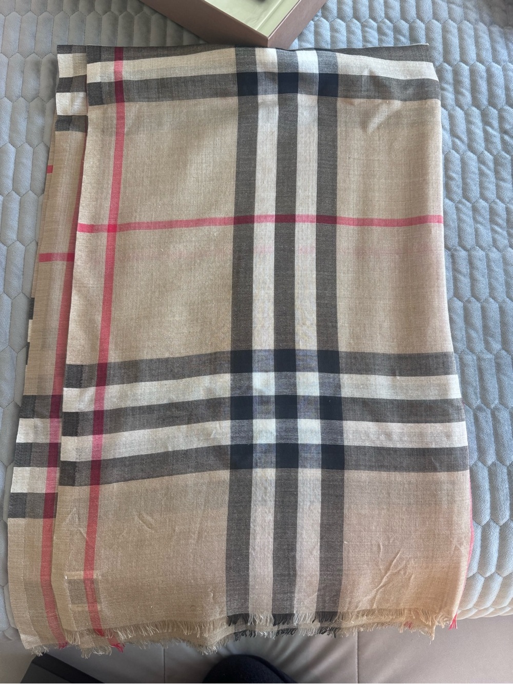 Burberry Beige Plaid Scarf with Black and Pink Accents